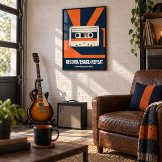 Cassette Tape Wall Art, framed on the wall of a man cave in a converted garage in a living room