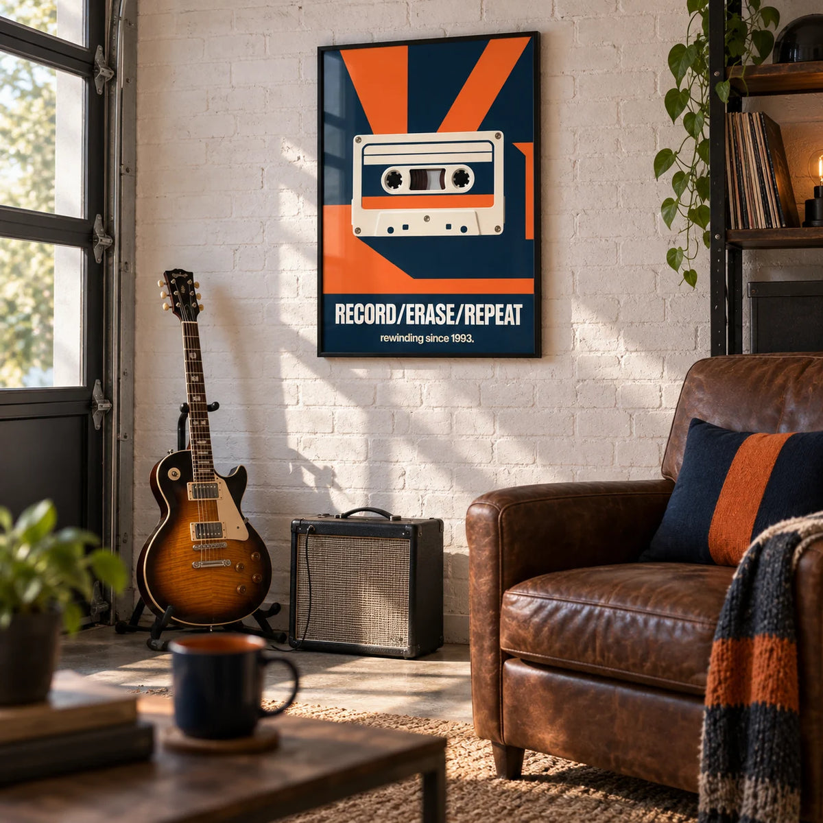 Cassette Tape Wall Art, framed on the wall of a man cave in a converted garage in a living room