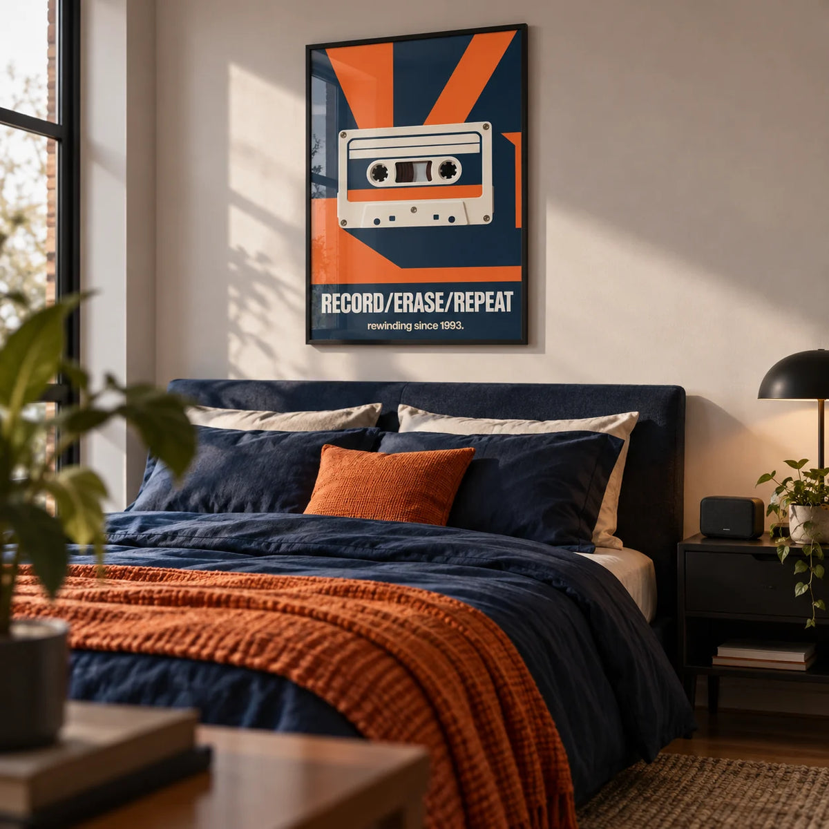 Cassette Tape Wall Art, framed on the wall of a modern bedroom for a 25 year old