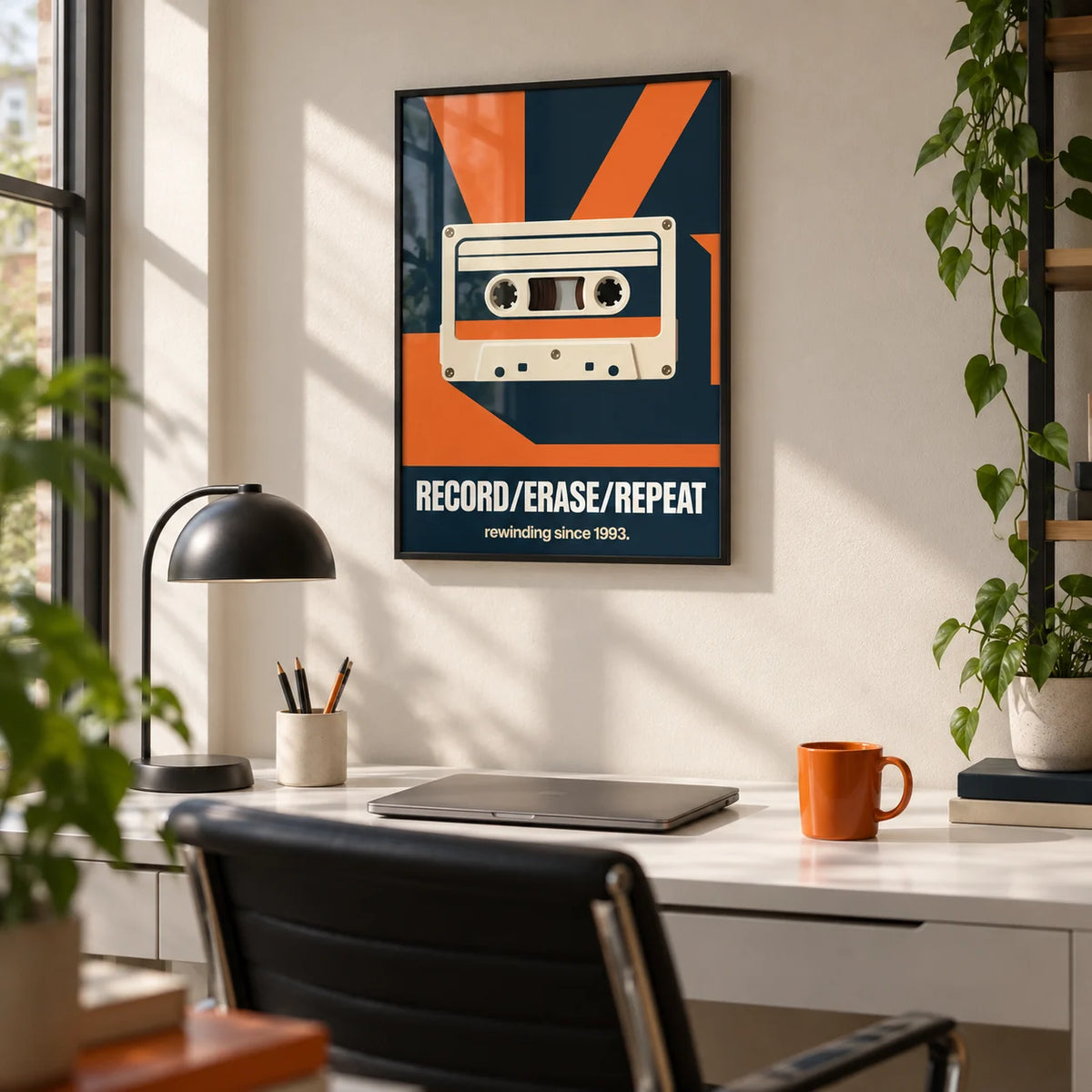 Cassette Tape Wall Art, framed on the wall of a modern home office