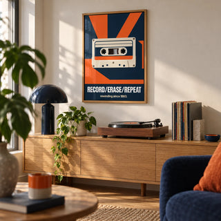 Cassette Tape Wall Art, framed on the wall of a music corner in a modern flat in a living room
