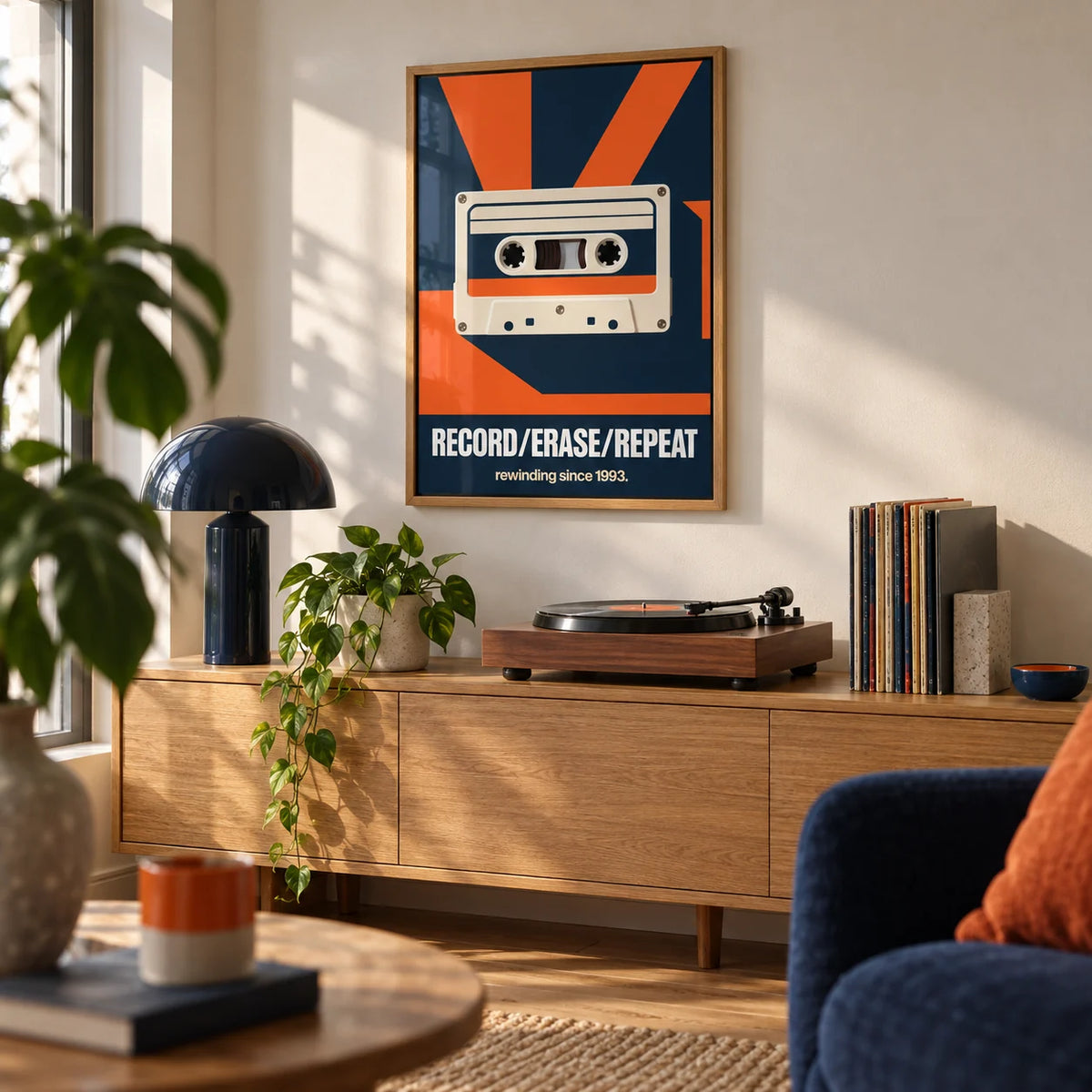 Cassette Tape Wall Art, framed on the wall of a music corner in a modern flat in a living room
