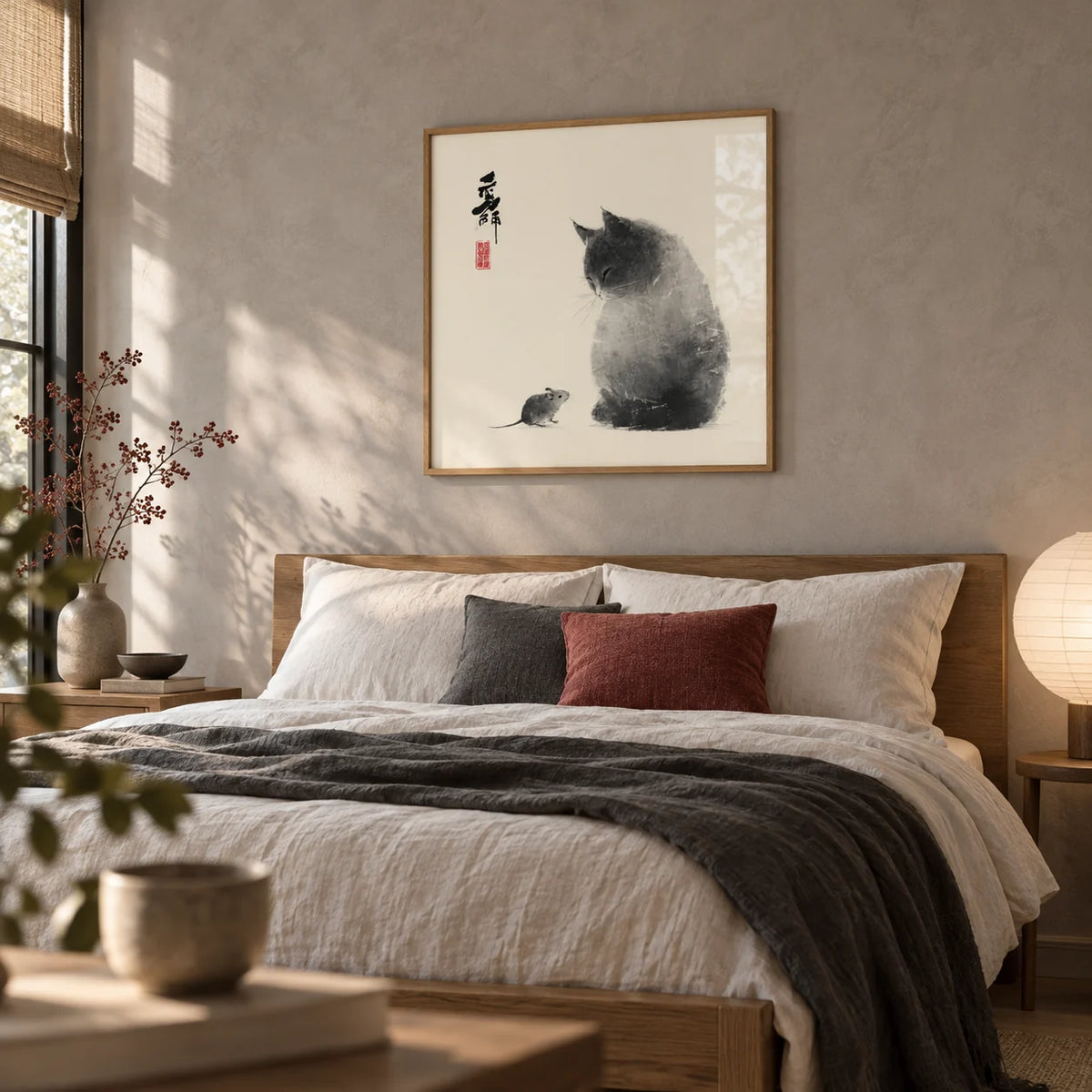 Cat And Mouse, framed on the wall of a calm bedroom with a soft grey limewashed wall