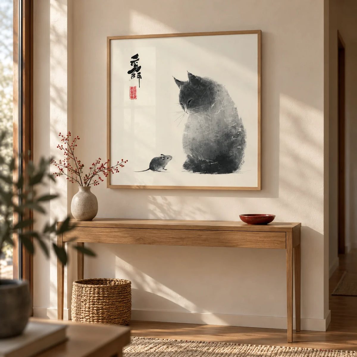 Cat And Mouse, framed on the wall of a calm hallway with a cream wall