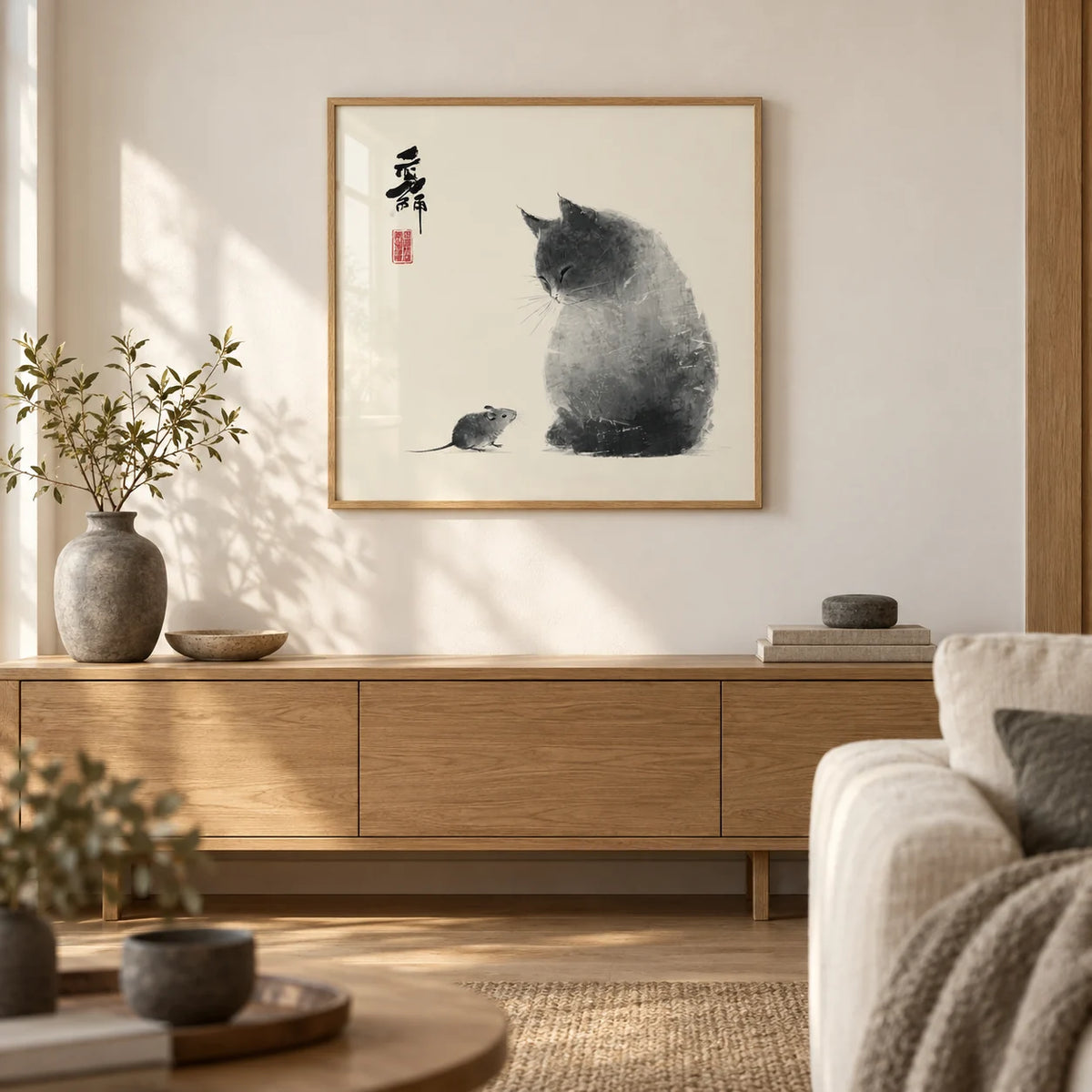 Cat And Mouse, framed on the wall of a calm Japandi living room with a warm white wall