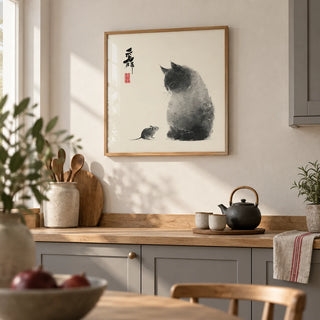 Cat And Mouse, framed on the wall of a calm kitchen with plain grey cabinets and a cream wall