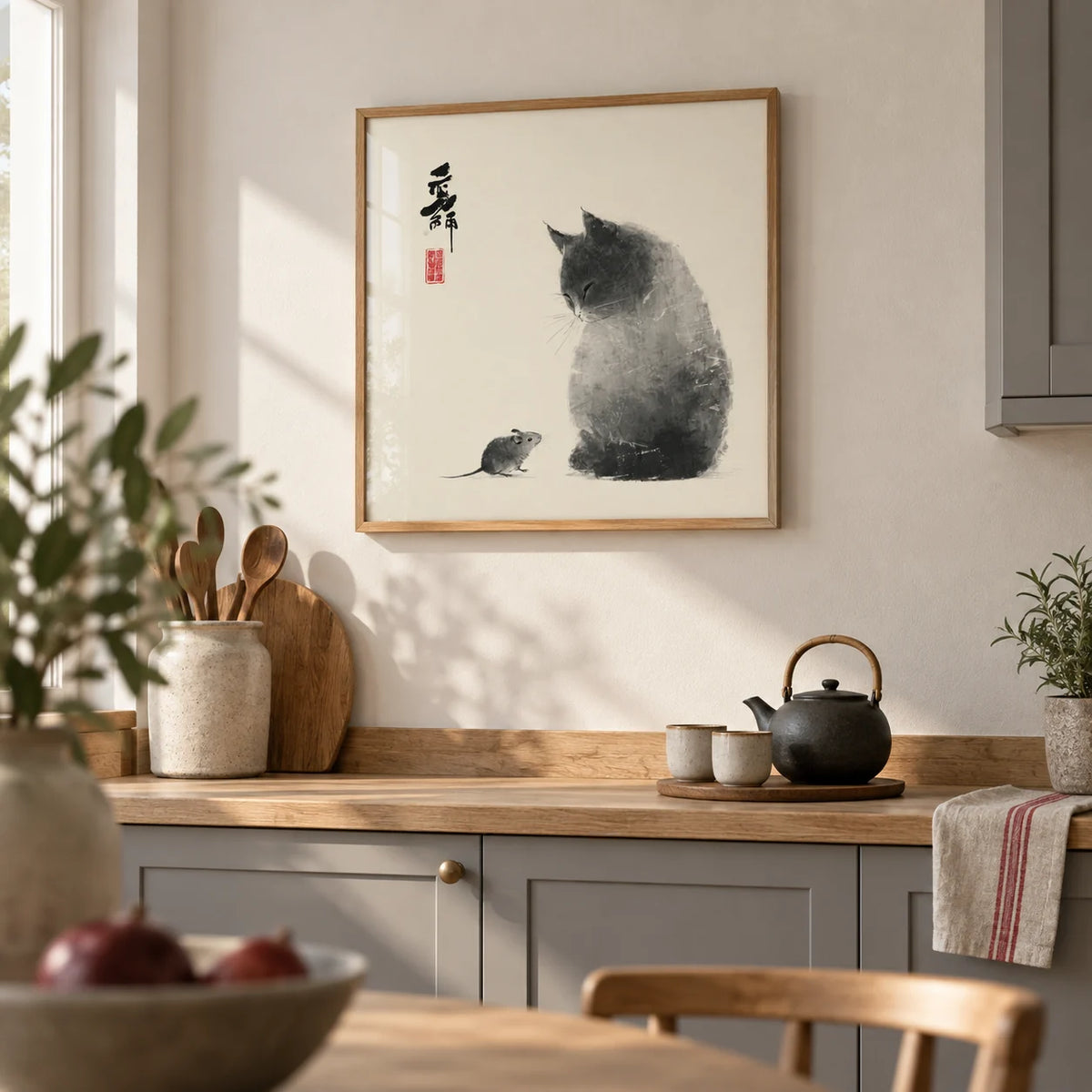 Cat And Mouse, framed on the wall of a calm kitchen with plain grey cabinets and a cream wall