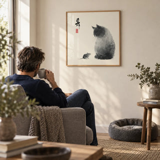 Cat And Mouse, framed on the wall of a cosy reading corner with a cream wall in a living room