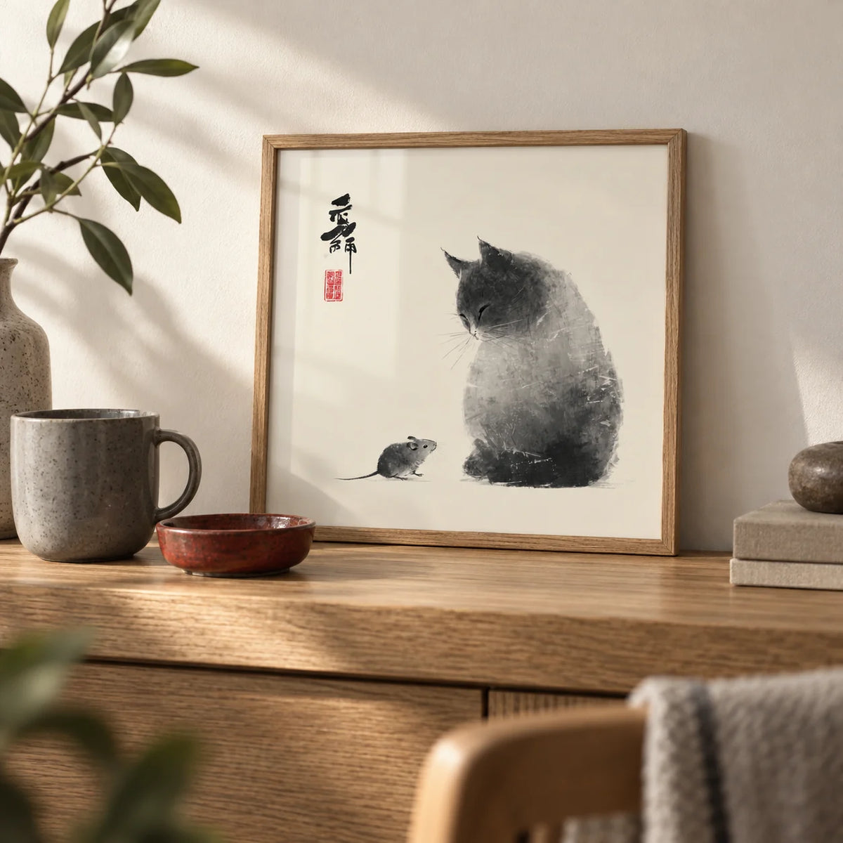Cat And Mouse, a small A4 framed print leaning on an oak shelf in a living room