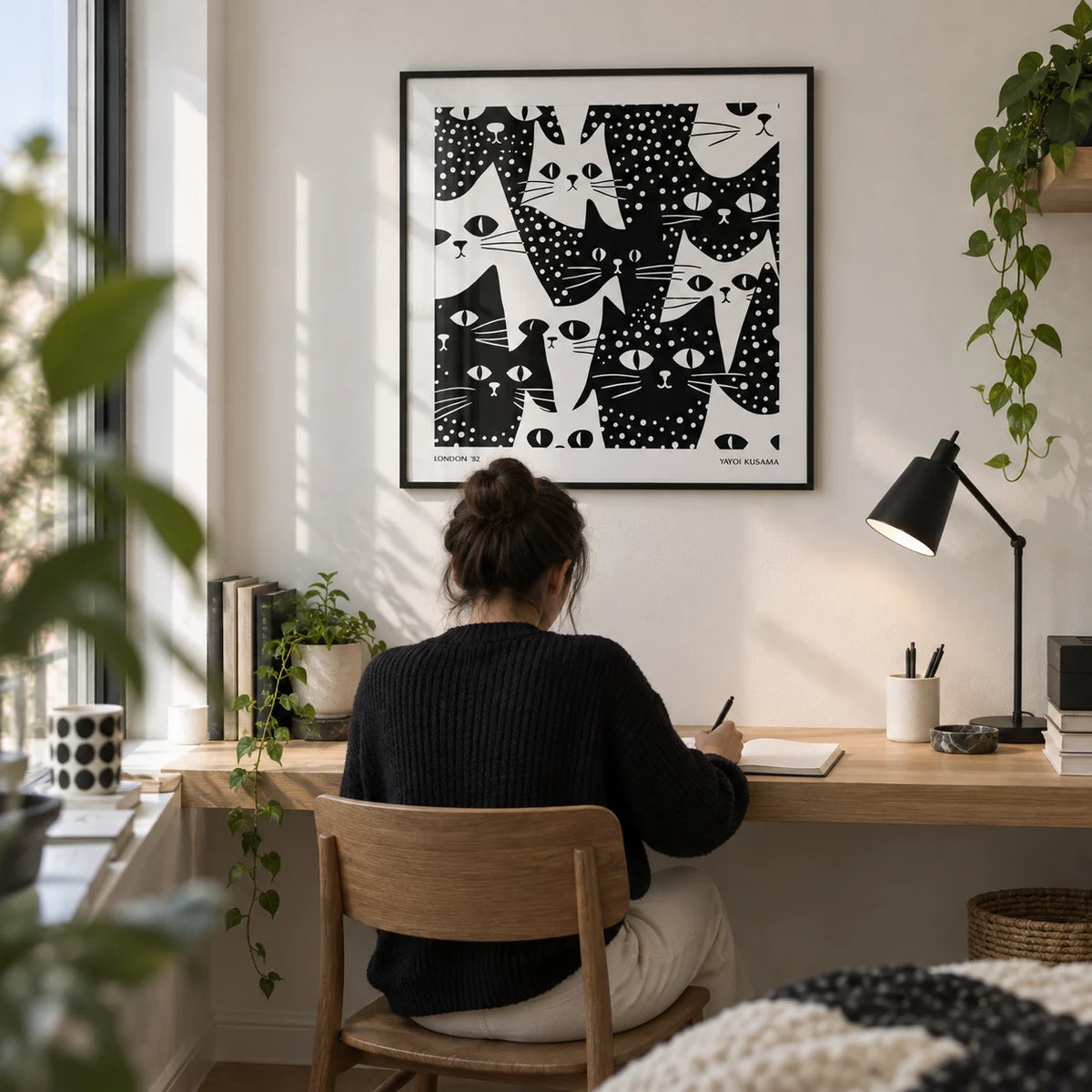 Cat Art Black and White, framed on the wall of a compact creative study in a first flat (22-28) with a white wall and a built-in oak desk