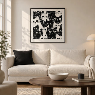 Cat Art Black and White, framed on the wall of a modern living room in a UK city flat with a warm white wall and oak floor