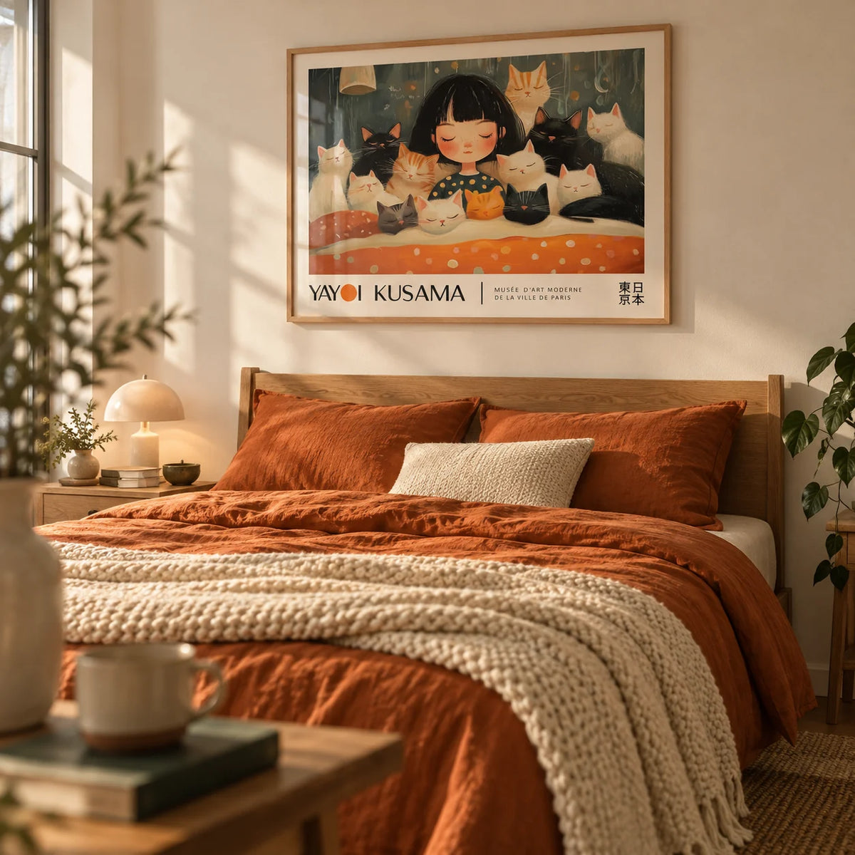 Cat Art Print, framed on the wall of a cosy bedroom with a warm cream wall