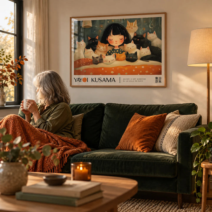 Cat Art Print, framed on the wall of a cosy evening living room with a cream wall
