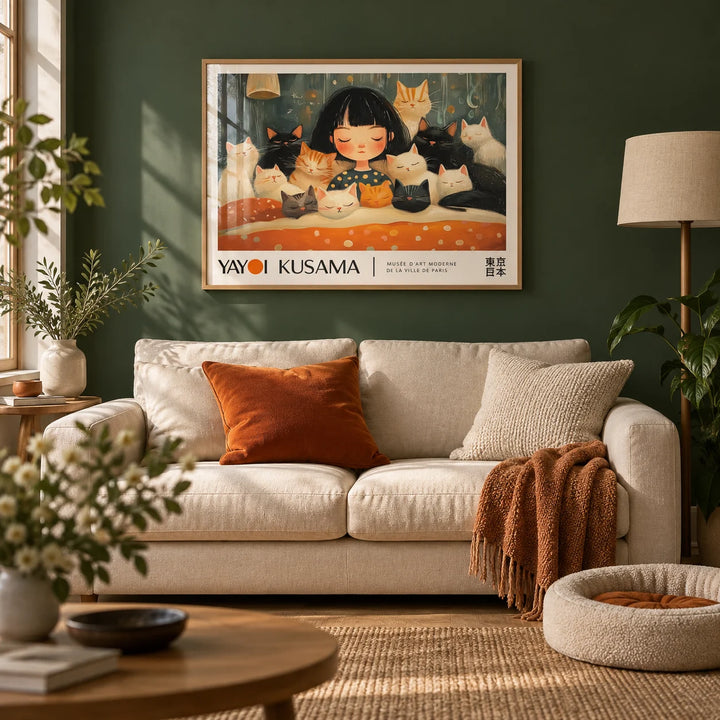 Cat Art Print, framed on the wall of a cosy living room with a deep green painted wall and a light oak floor