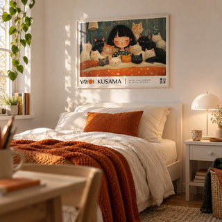 Cat Art Print, framed on the wall of a cosy single bedroom for a teen girl (13-17) with a soft white wall