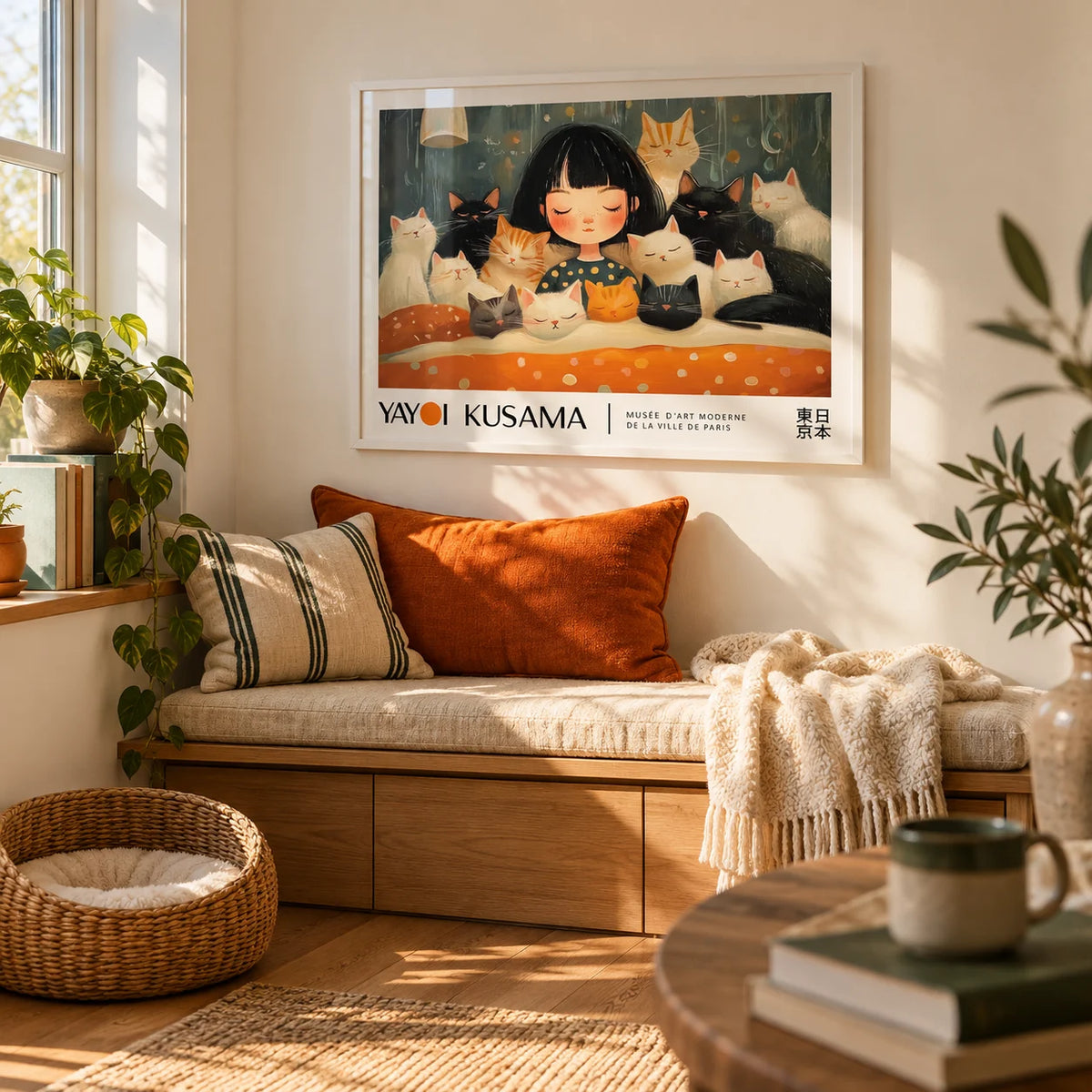 Cat Art Print, framed on the wall of a cosy window seat with a warm white wall