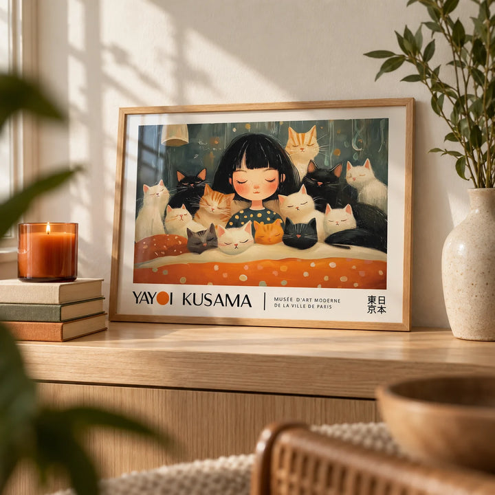 Cat Art Print, a small A4 framed print leaning on a pale oak shelf in a living room