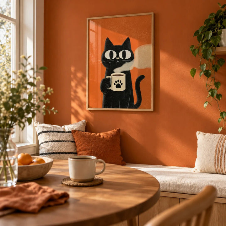 Cat Coffee Mug Print, framed on the wall of a cosy breakfast nook with a burnt orange painted wall in a kitchen