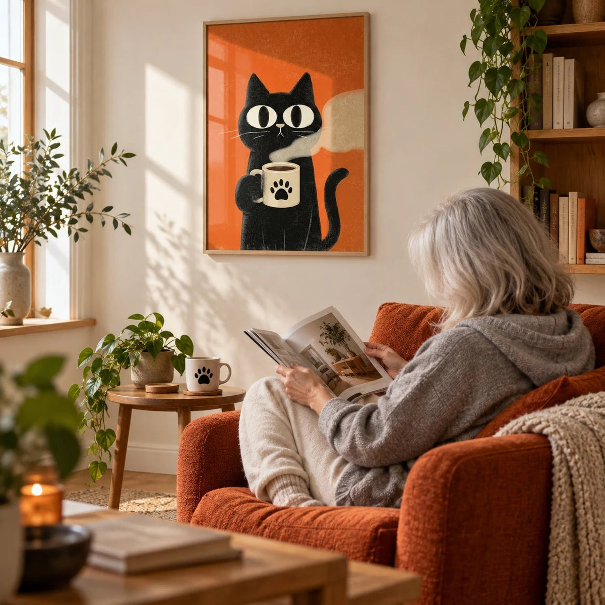 Cat Coffee Mug Print, framed on the wall of a cosy living room corner with a cream wall