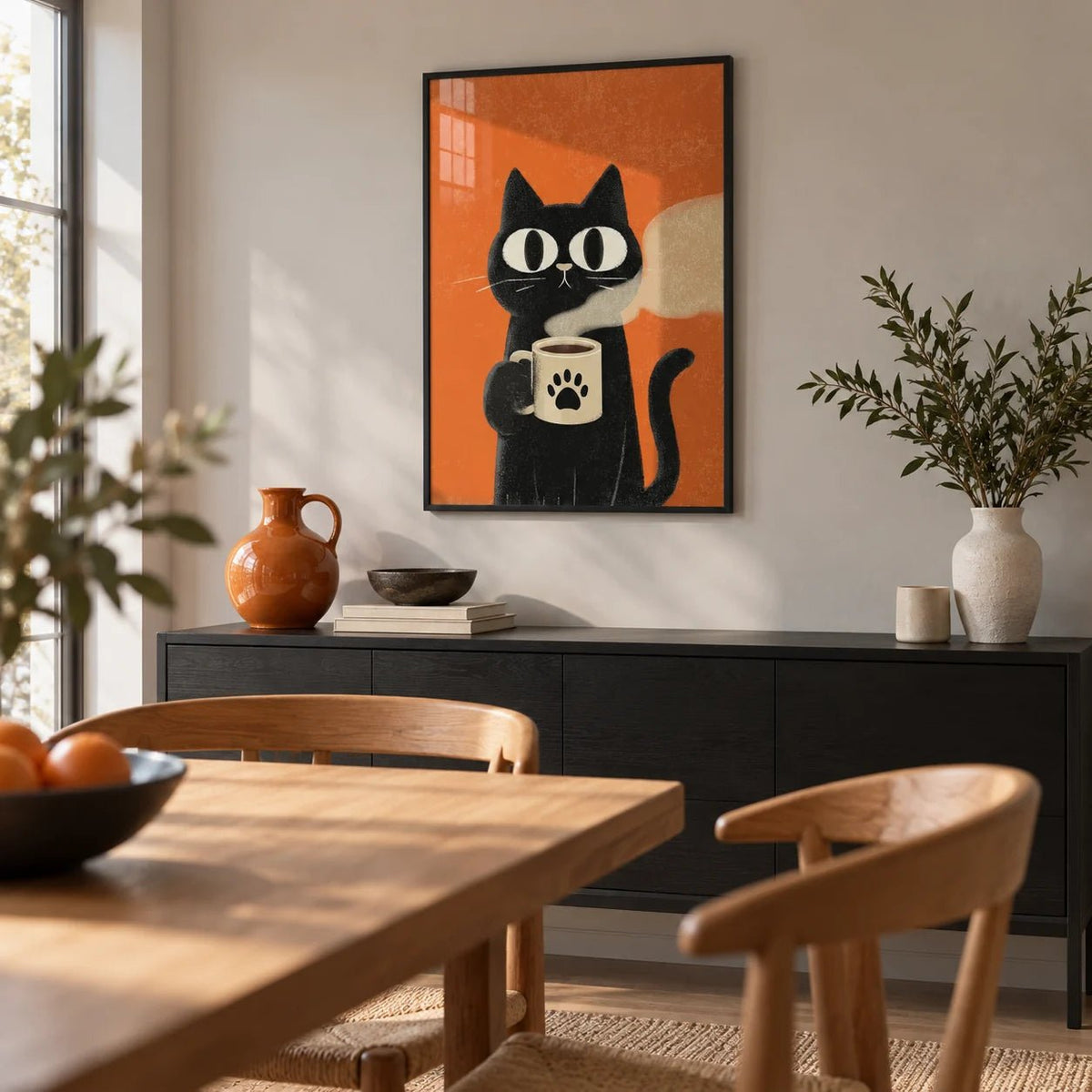 Cat Coffee Mug Print, framed on the wall of a modern dining room with a pale grey wall
