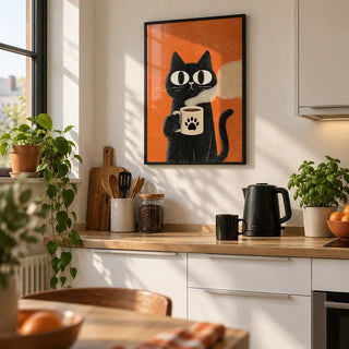 Cat Coffee Mug Print, framed on the wall of a small first-flat kitchen (22-30) with white cabinets