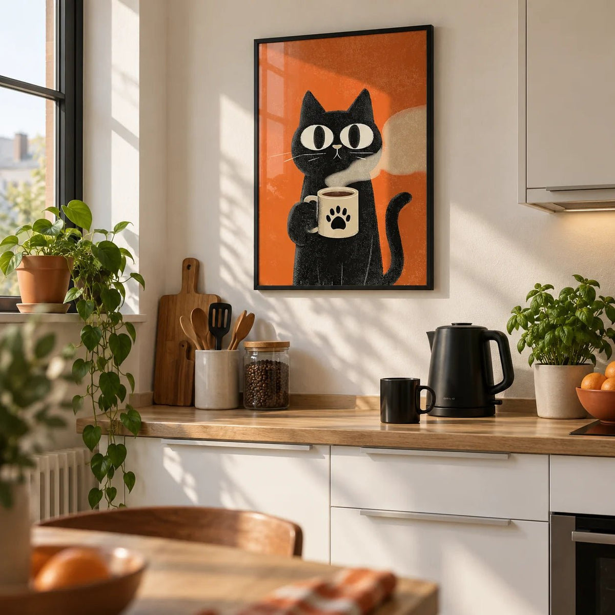 Cat Coffee Mug Print, framed on the wall of a small first-flat kitchen (22-30) with white cabinets