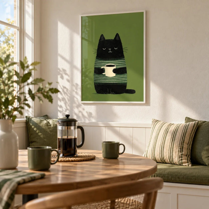 Cat Coffee Wall Art, framed on the wall of a breakfast nook in a kitchen