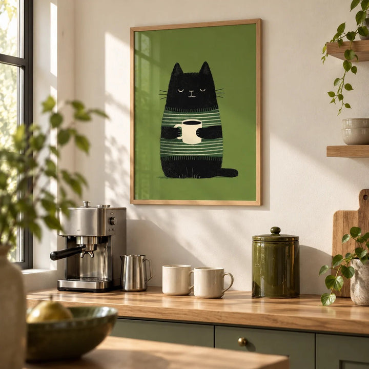 Cat Coffee Wall Art, framed on the wall of a bright kitchen coffee corner