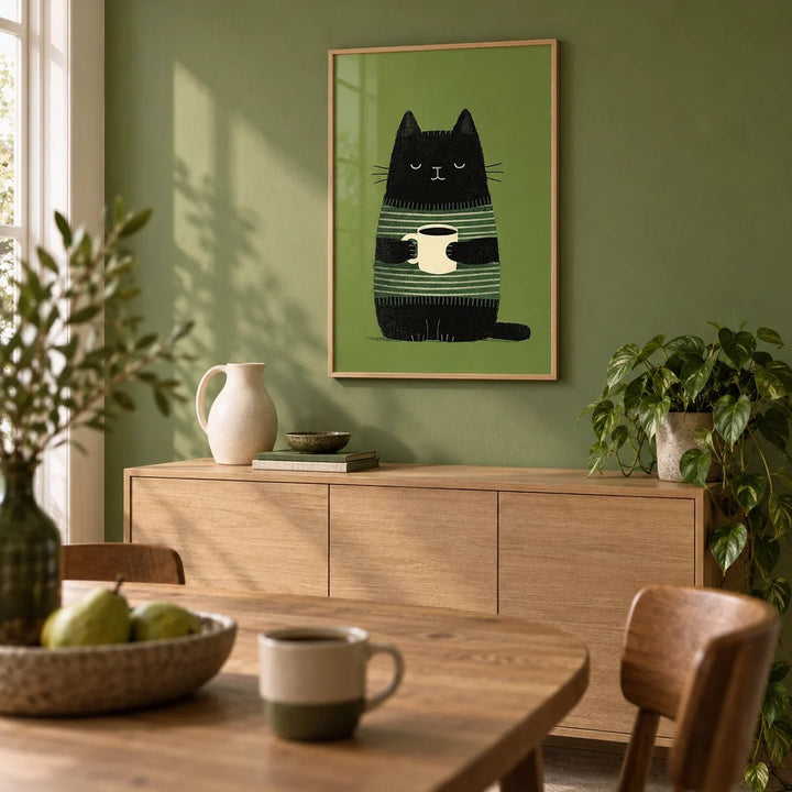 Cat Coffee Wall Art, framed on the wall of a calm dining room with a soft olive green painted wall