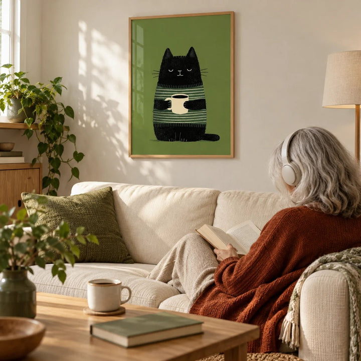 Cat Coffee Wall Art, framed on the wall of a cosy first-flat living room
