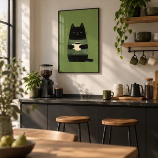 Cat Coffee Wall Art, framed on the wall of a home cafe counter in a modern kitchen