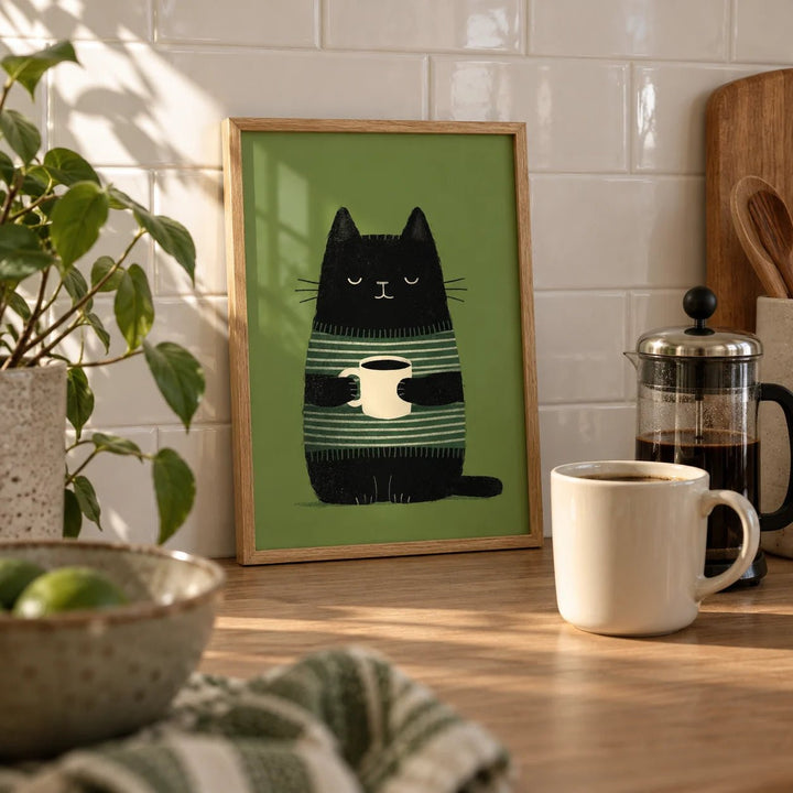 Cat Coffee Wall Art, a small A4 framed print leaning on a worktop in a kitchen