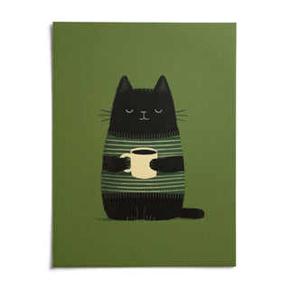 Cat Coffee Wall Art, shown as an unframed paper print on a plain white background