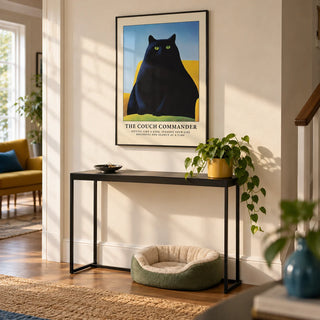 Cat Funny Poster, framed on the wall of a bright hallway with a cream wall