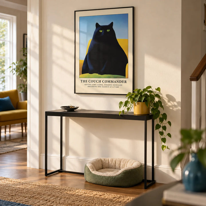 Cat Funny Poster, framed on the wall of a bright hallway with a cream wall