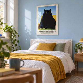 Cat Funny Poster, framed on the wall of a fresh young adult's bedroom (18-28) with a pale blue wall