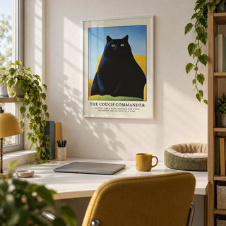 Cat Funny Poster, framed on the wall of a home office for a cat owner with a white wall