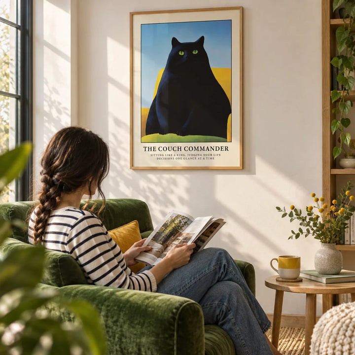 Cat Funny Poster, framed on the wall of a reading corner with a cream wall in a living room