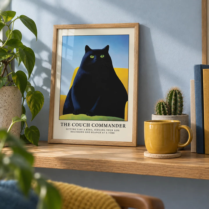 Cat Funny Poster, a small A4 framed print leaning on an oak shelf in a living room