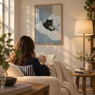 Cat in Bed Print, framed on the wall of a cosy reading corner in a living room