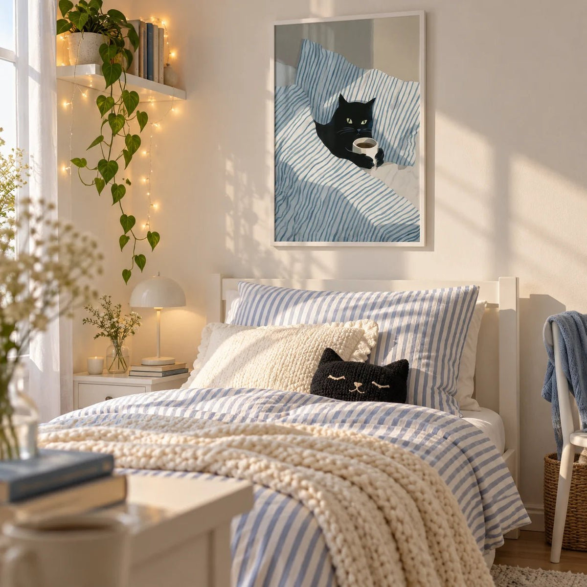 Cat in Bed Print, framed on the wall of a pretty single bedroom for a teenage girl or young woman