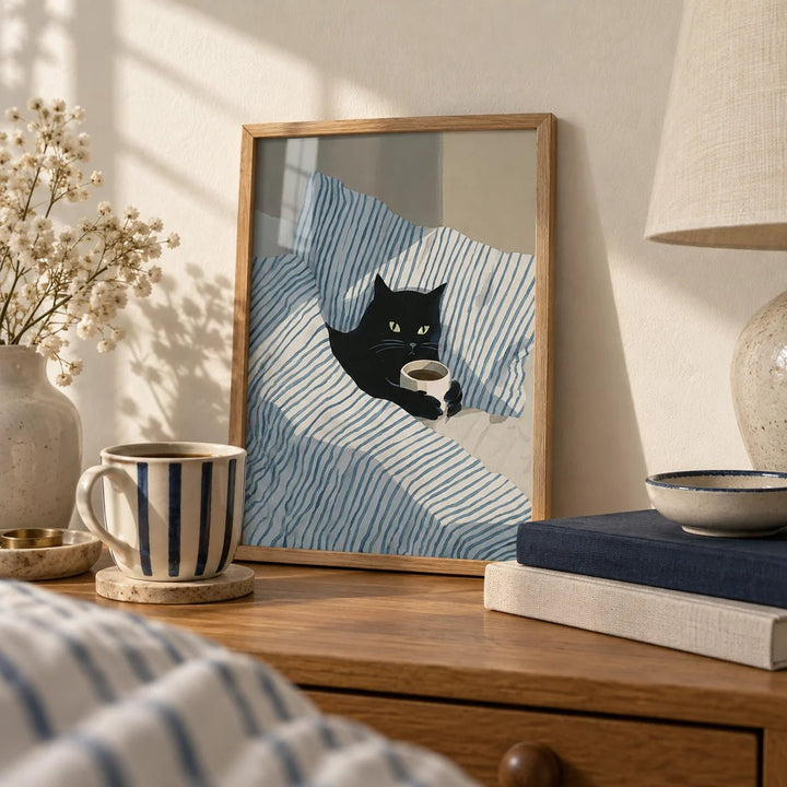 Cat in Bed Print, a small A4 framed print leaning on a bedside table