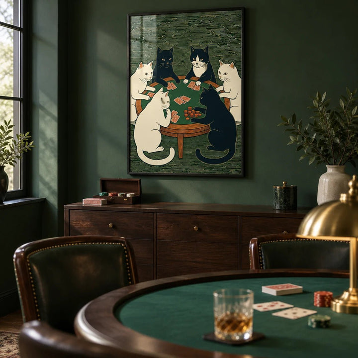 Cat Poker Art Print, framed on the wall of a card-room style games room with deep forest green painted walls in a living room
