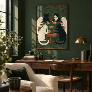 Cat Poker Art Print, framed on the wall of a characterful study with forest green painted walls