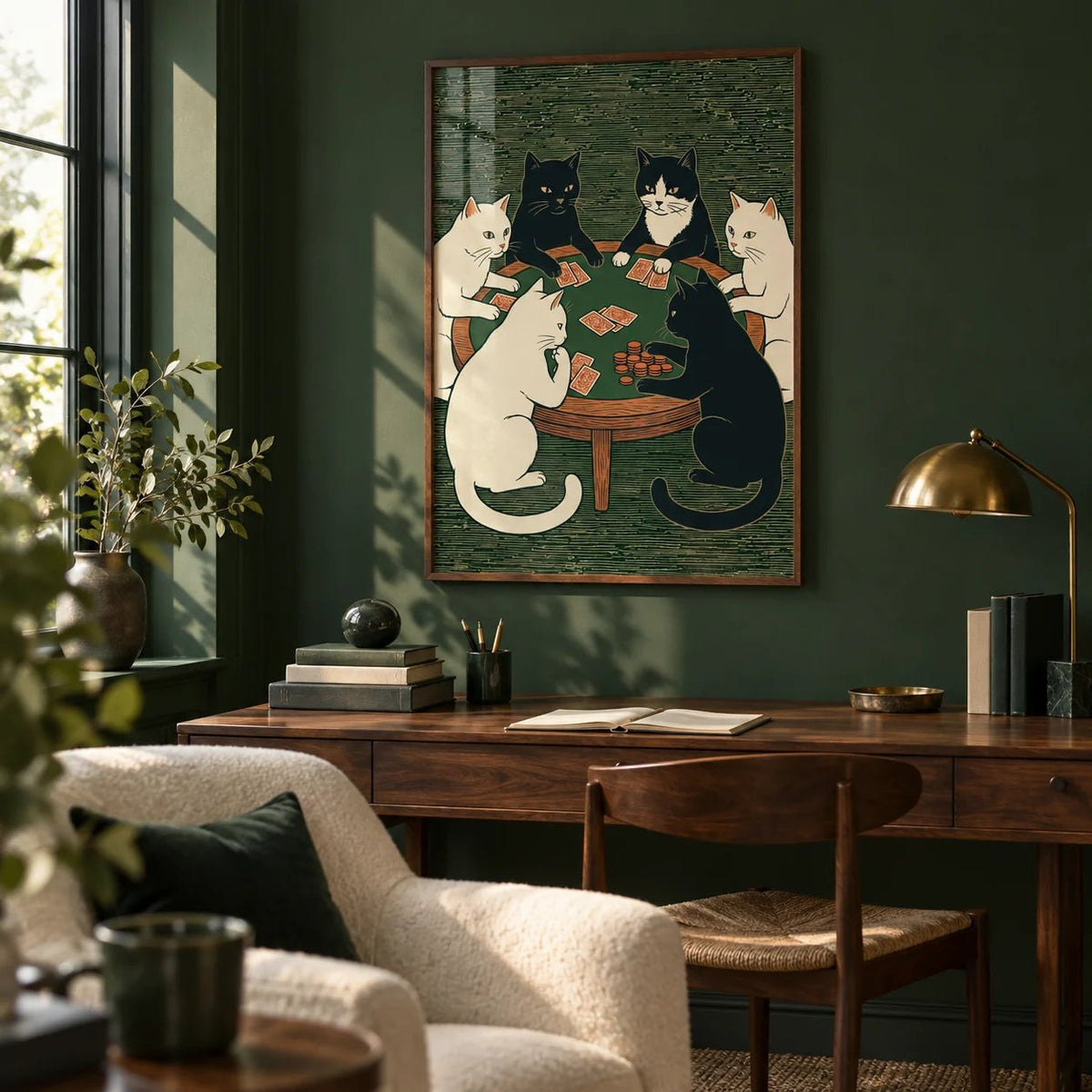 Cat Poker Art Print, framed on the wall of a characterful study with forest green painted walls