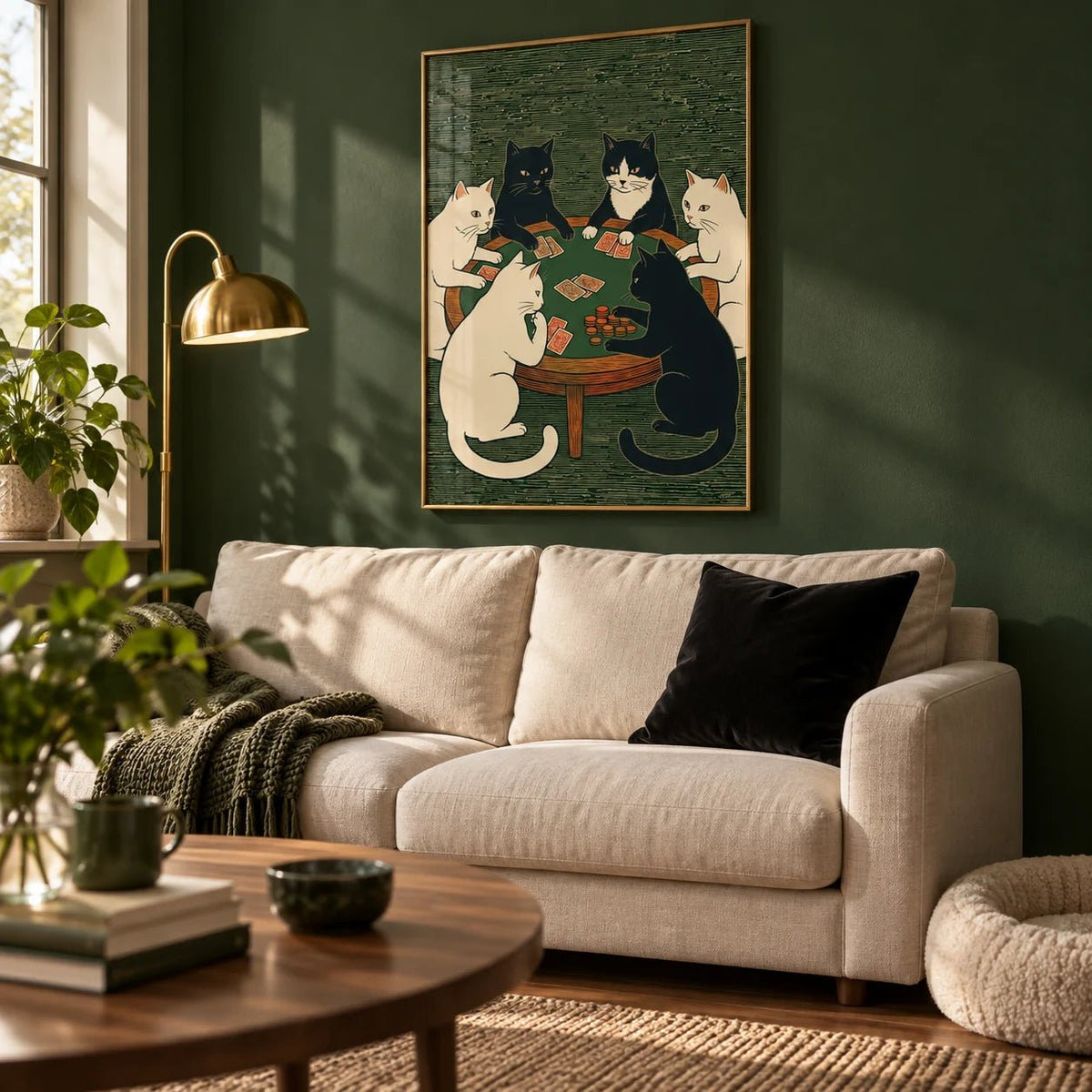 Cat Poker Art Print, framed on the wall of a cosy living room with a forest green painted wall