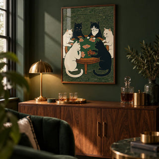Cat Poker Art Print, framed on the wall of a speakeasy-style home bar with a dark green painted wall in a living room