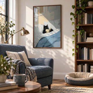 Cat Reading Book Wall Art, framed on the wall of a bookish living room