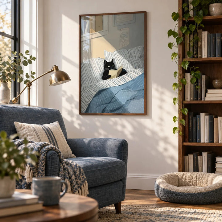 Cat Reading Book Wall Art, framed on the wall of a bookish living room