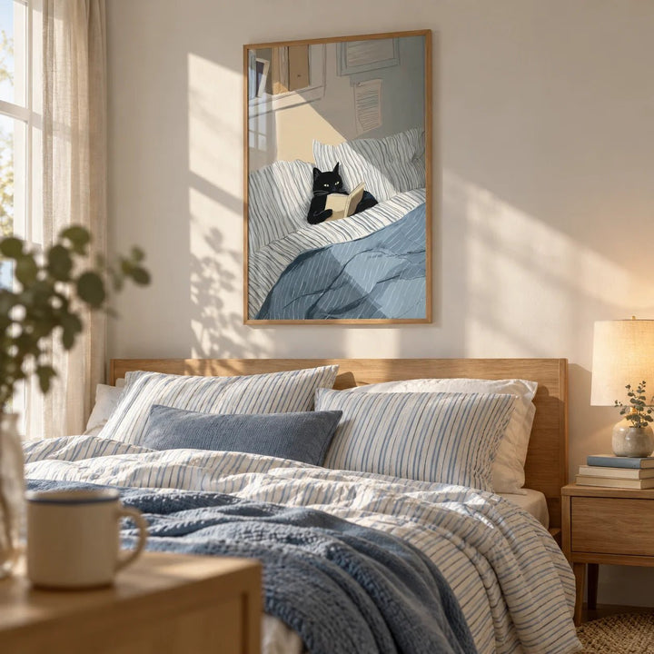 Cat Reading Book Wall Art, framed on the wall of a cosy calm bedroom